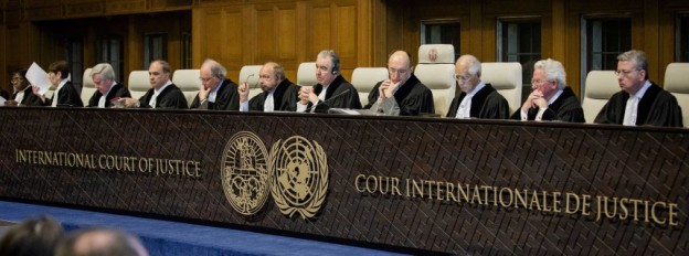FILES - epa04118442 Judges of the International Court of Justice (ICC) sit in the courtroom during the first day of the witnesses in the Croatia vs. Serbia case in the Peace Palace in The Hague, The Netherlands, 10 March 2014. Croatia accuses neighboring country Serbia of committing genocide in the 1990s at the breakup of Yugoslavia. EPA/BART MAAT (zu dpa "Höchstes UN-Gericht entscheidet zu Völkermord-Klagen" am 02.02.2015) +++(c) dpa - Bildfunk+++